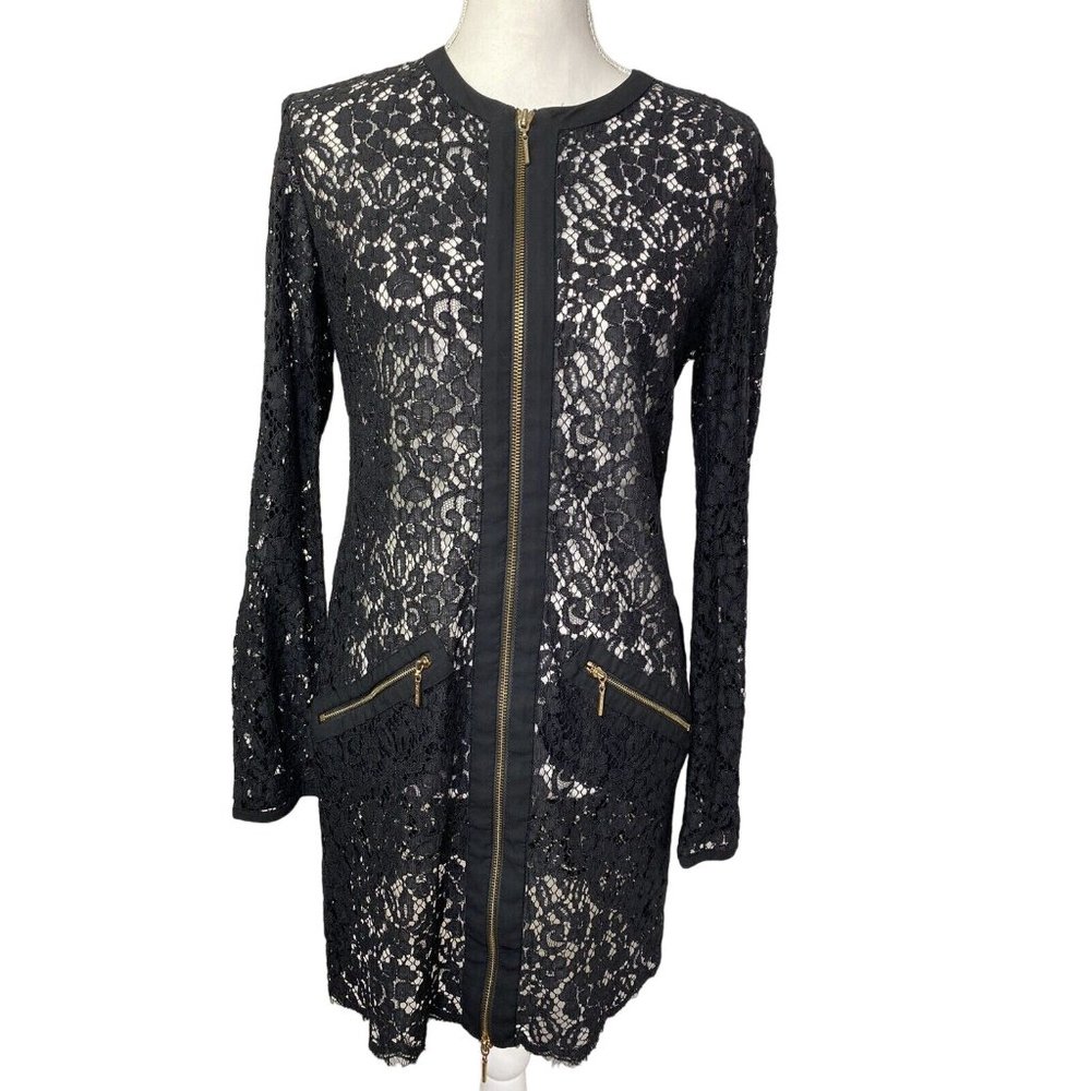 Rachel Zoe Womens Long Sleeve Lace Dress Black Gold Hardware Pencil Size 8
